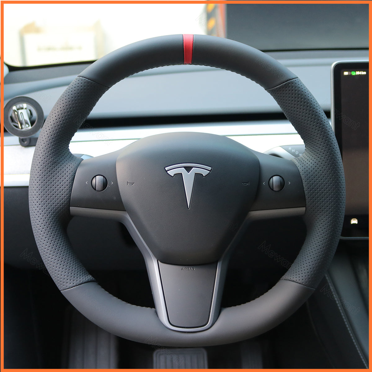 Klassisches Tesla Model 3 oder Model Y Rundlenkrad mit handgenaehtem Lenkradbezug