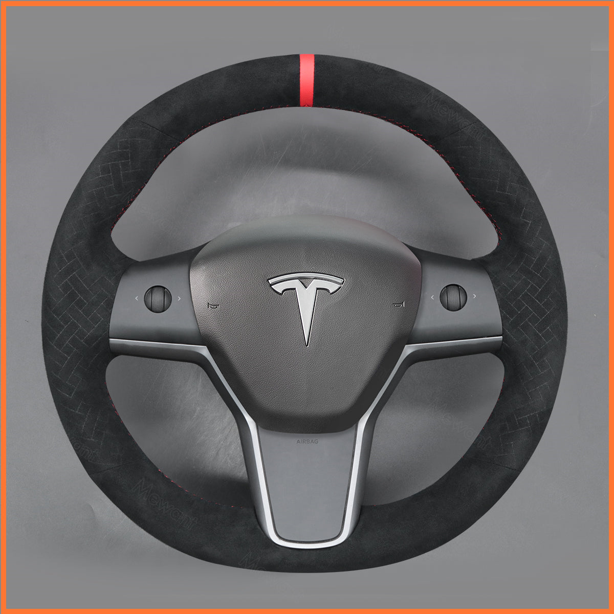 Klassisches Tesla Model 3 oder Model Y Rundlenkrad mit handgenaehtem Lenkradbezug
